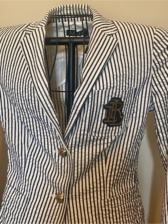 Ralph Lauren Jackets & Blazers - Ralph Lauren Navy & White Striped Blazer with Embroidered Crest